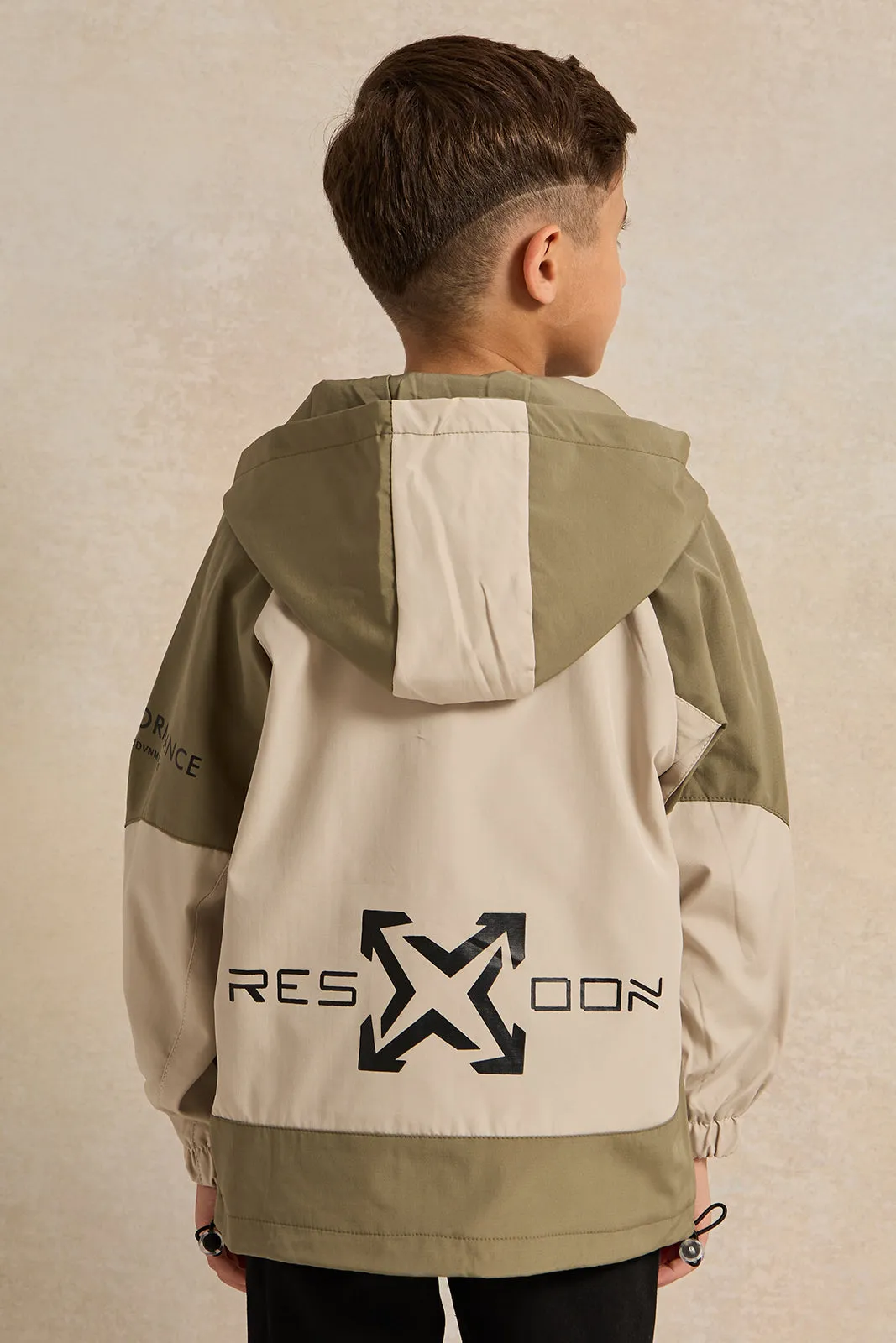 Boys Green And Beige Hooded Zip-Through Jacket