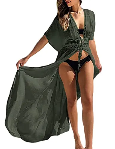 Bsubseach Beach Cover Ups for Women Flowy Long Kimonos for Women Waist Hollow Straps Bathing Suit Cover Up Army Green