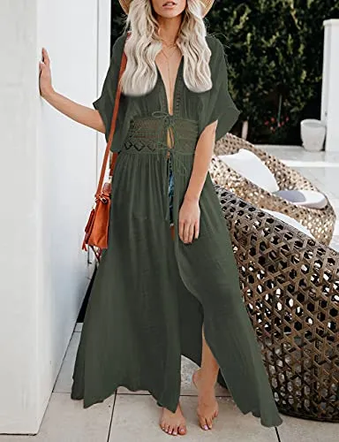 Bsubseach Beach Cover Ups for Women Flowy Long Kimonos for Women Waist Hollow Straps Bathing Suit Cover Up Army Green