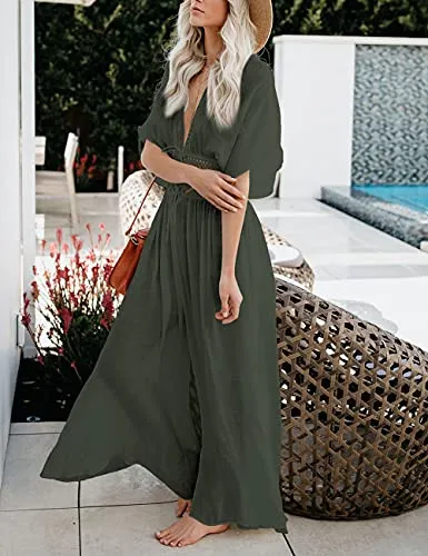 Bsubseach Beach Cover Ups for Women Flowy Long Kimonos for Women Waist Hollow Straps Bathing Suit Cover Up Army Green