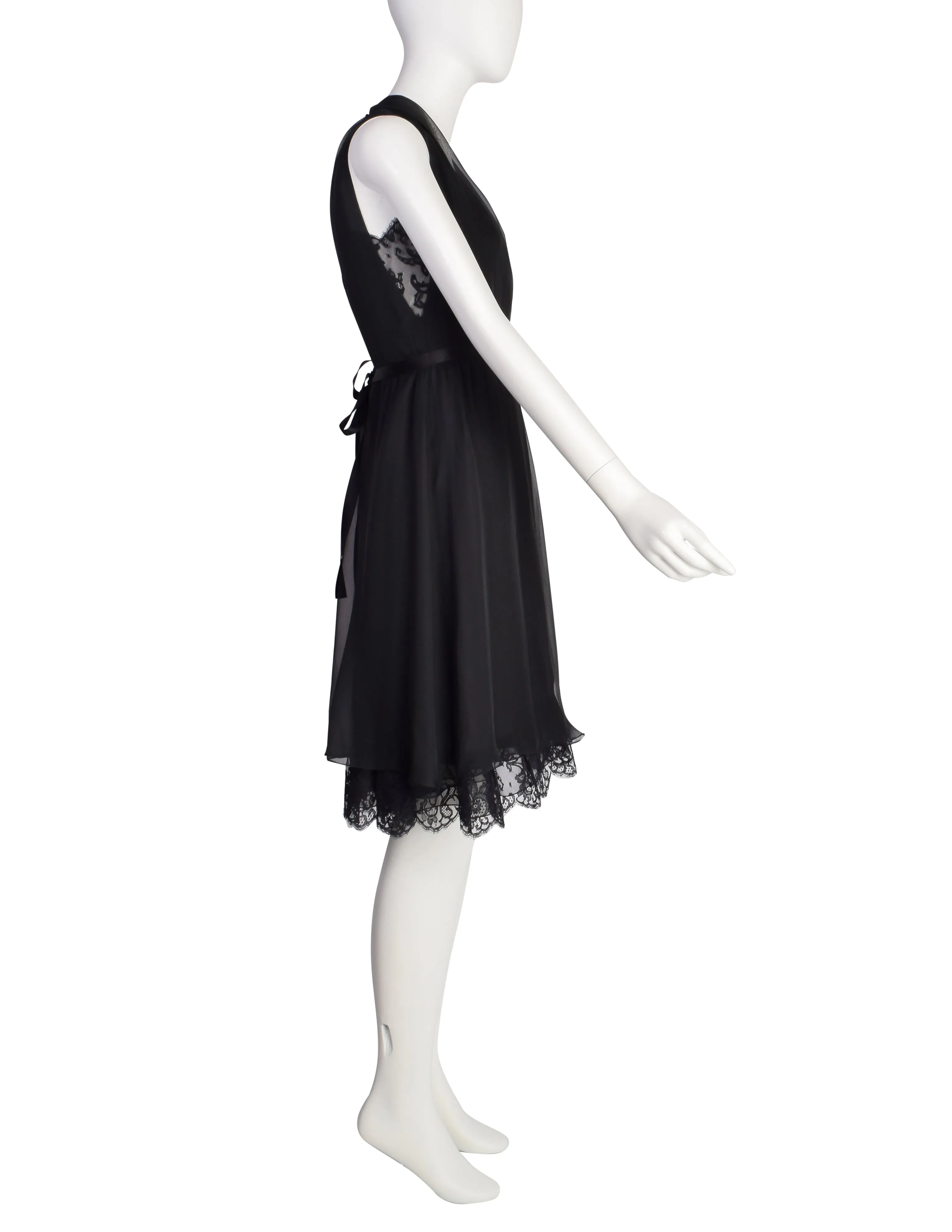 Chanel Vintage 1990s Stunning Black Silk Chiffon and Lace Cocktail Dress