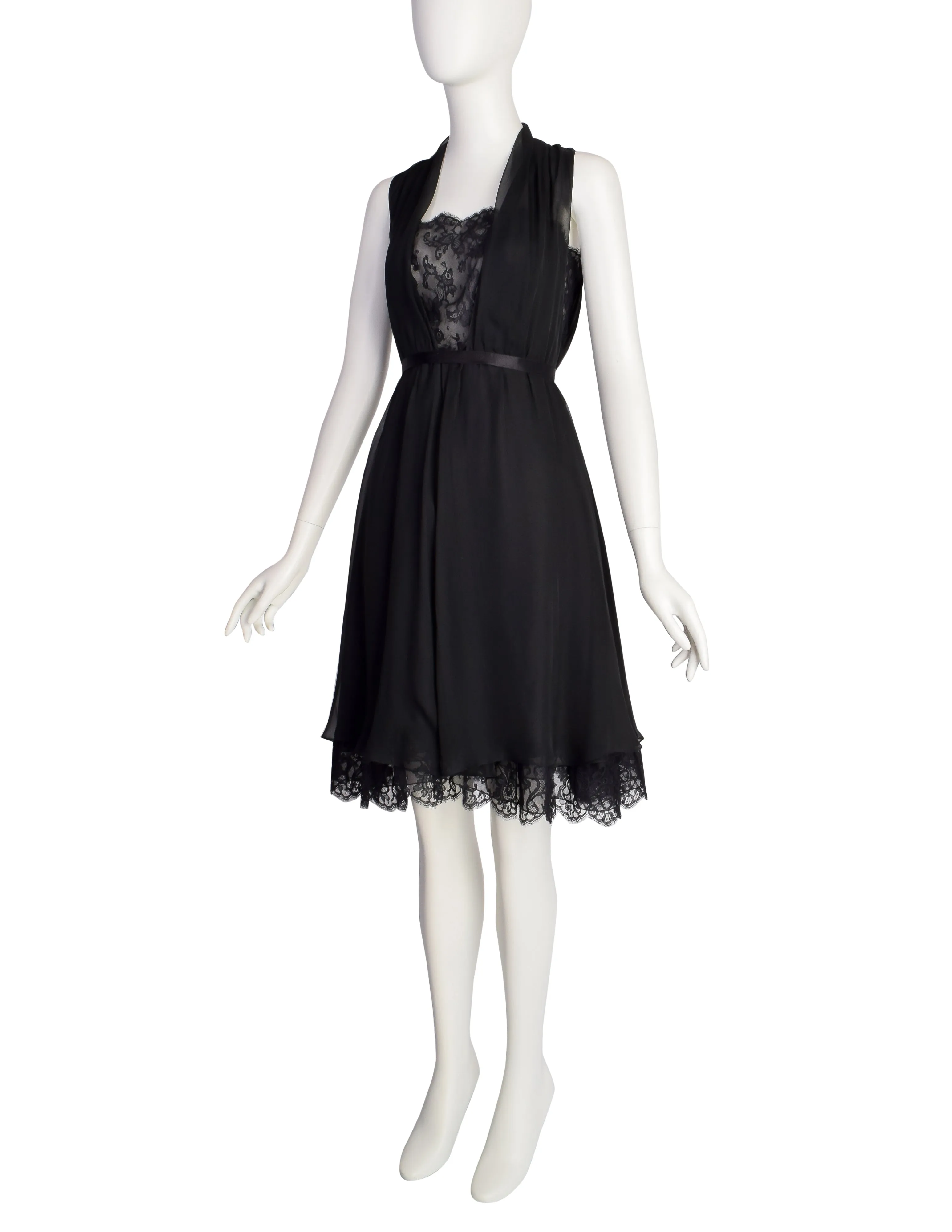 Chanel Vintage 1990s Stunning Black Silk Chiffon and Lace Cocktail Dress