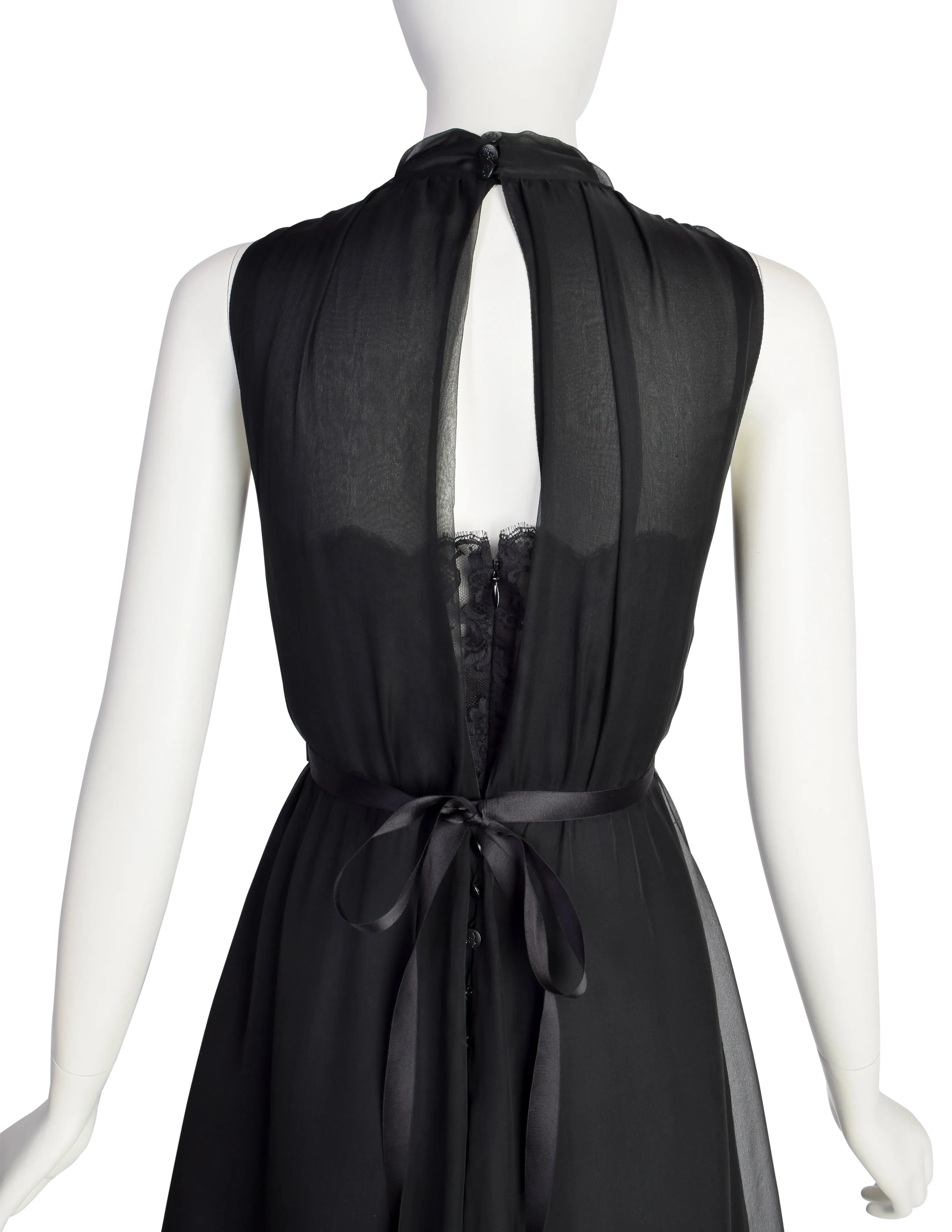 Chanel Vintage 1990s Stunning Black Silk Chiffon and Lace Cocktail Dress