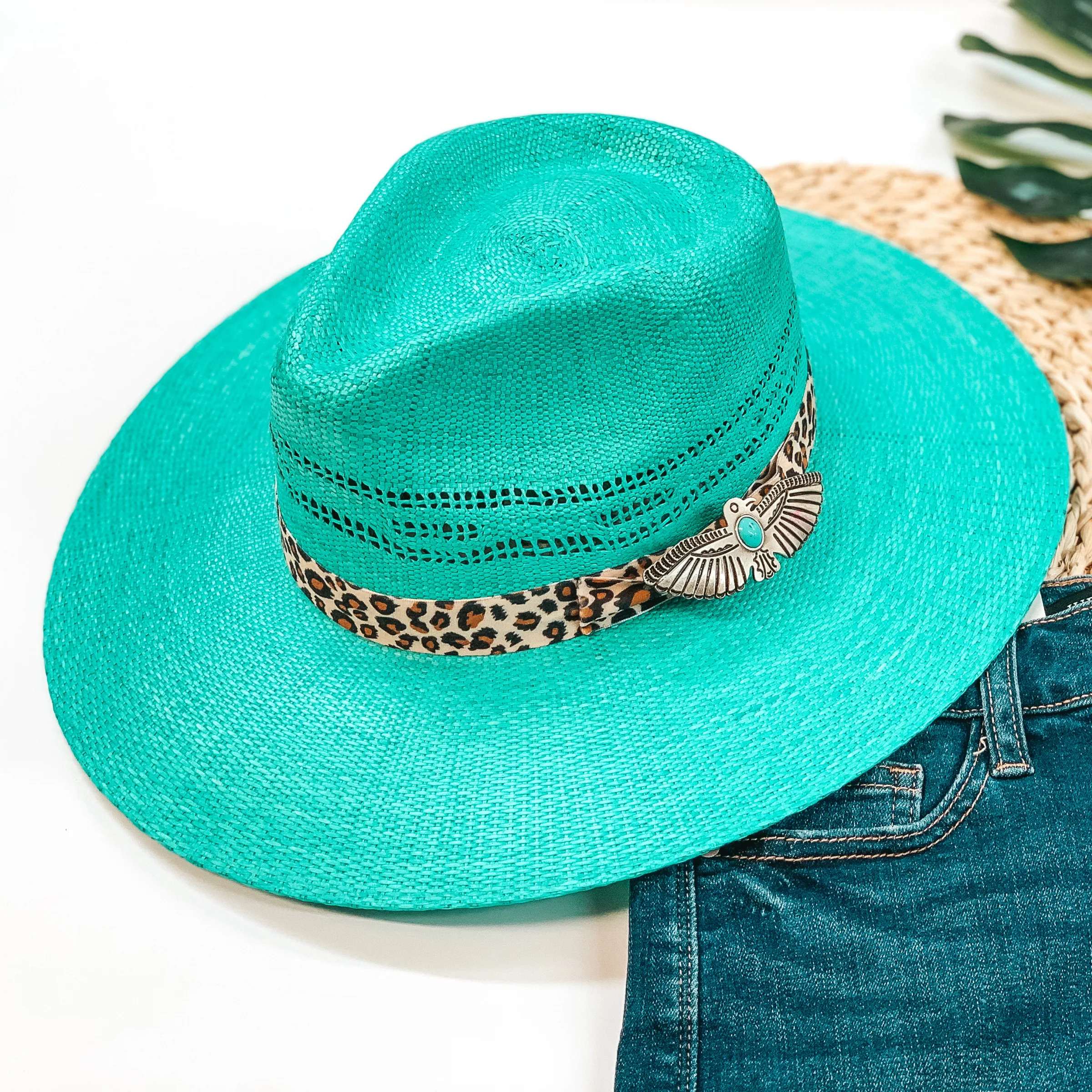 Charlie 1 Horse | Right Meow Straw Stiff Brim Hat with Leopard Band in Turquoise