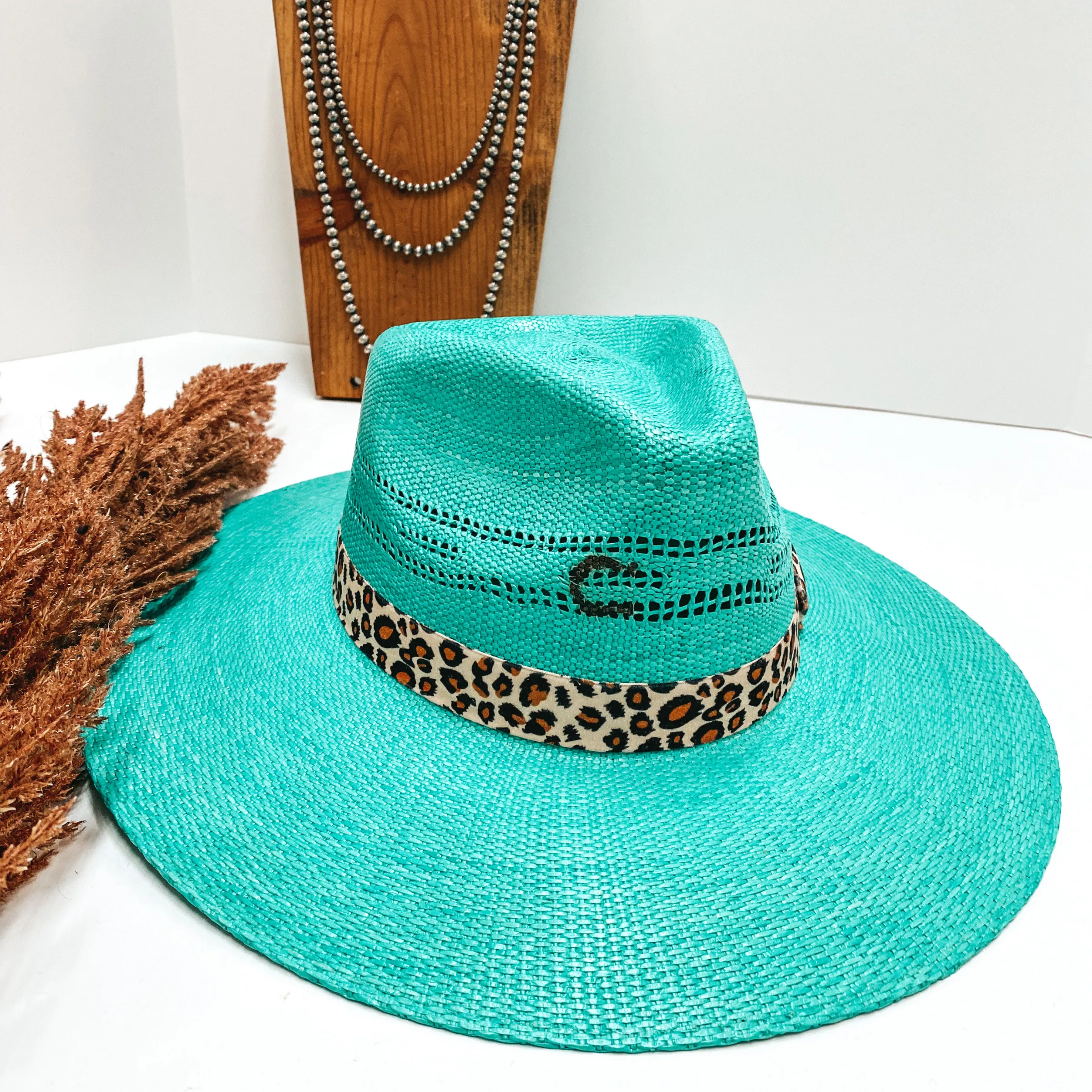 Charlie 1 Horse | Right Meow Straw Stiff Brim Hat with Leopard Band in Turquoise