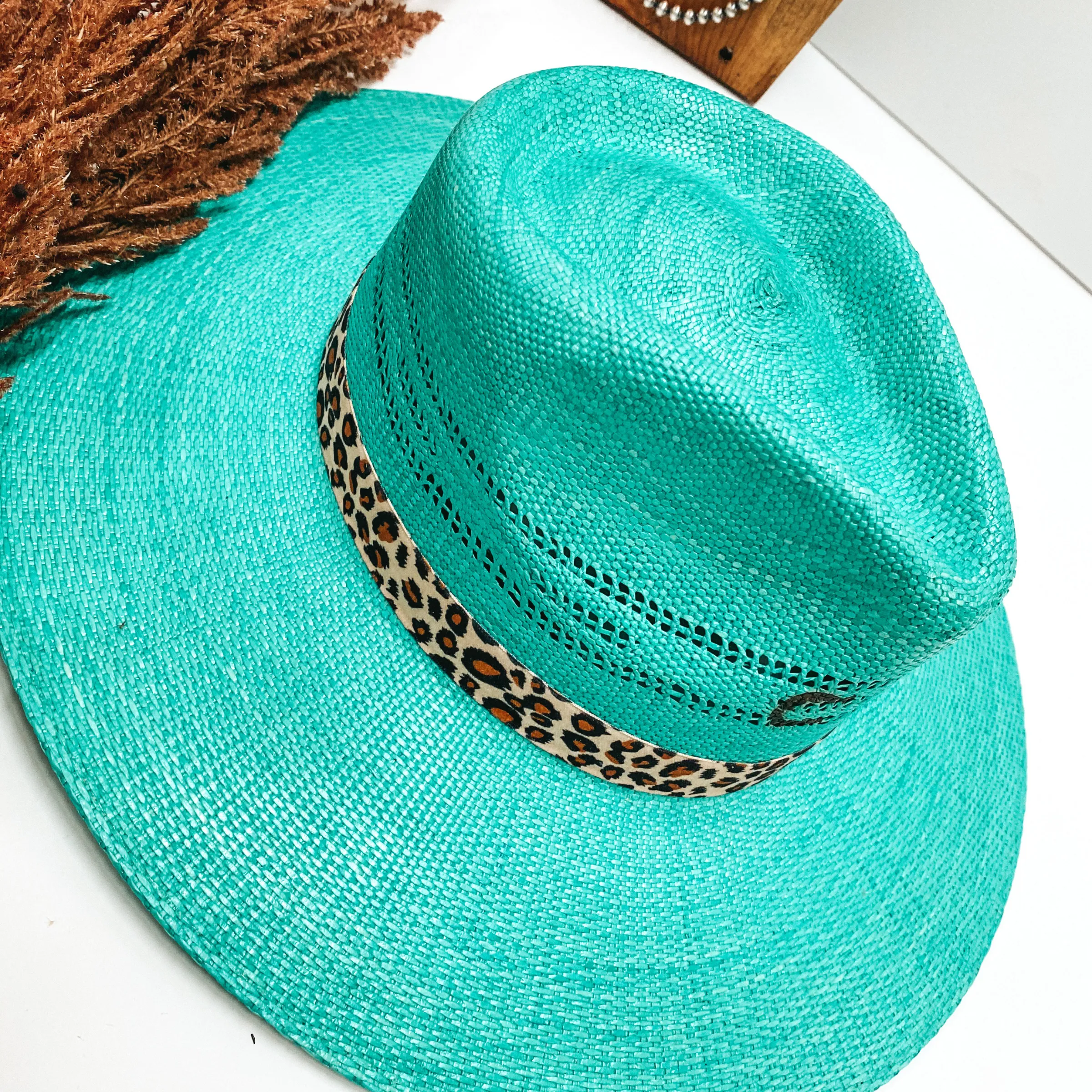 Charlie 1 Horse | Right Meow Straw Stiff Brim Hat with Leopard Band in Turquoise