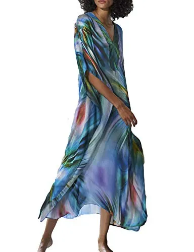 Colorful V-Neck Beach Kaftan Maxi Dress: Women's Swim Cover Up