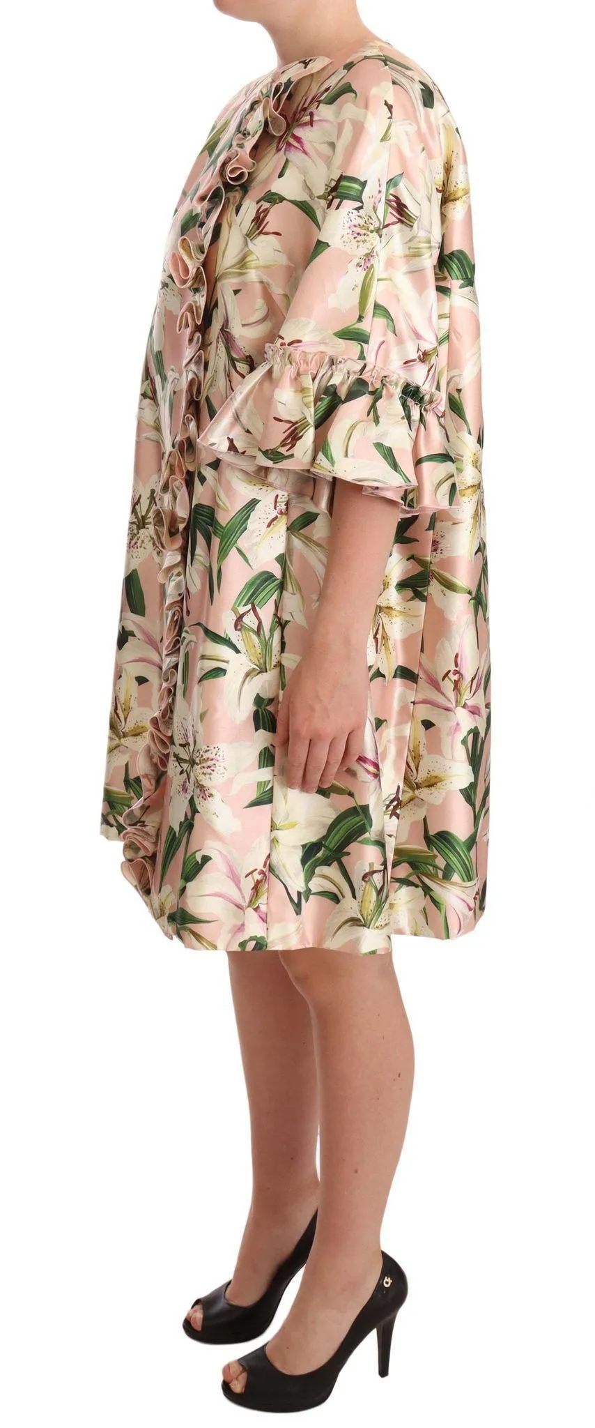 Dolce & Gabbana Pink Lily Print Ruffled Long Coat Silk Dress