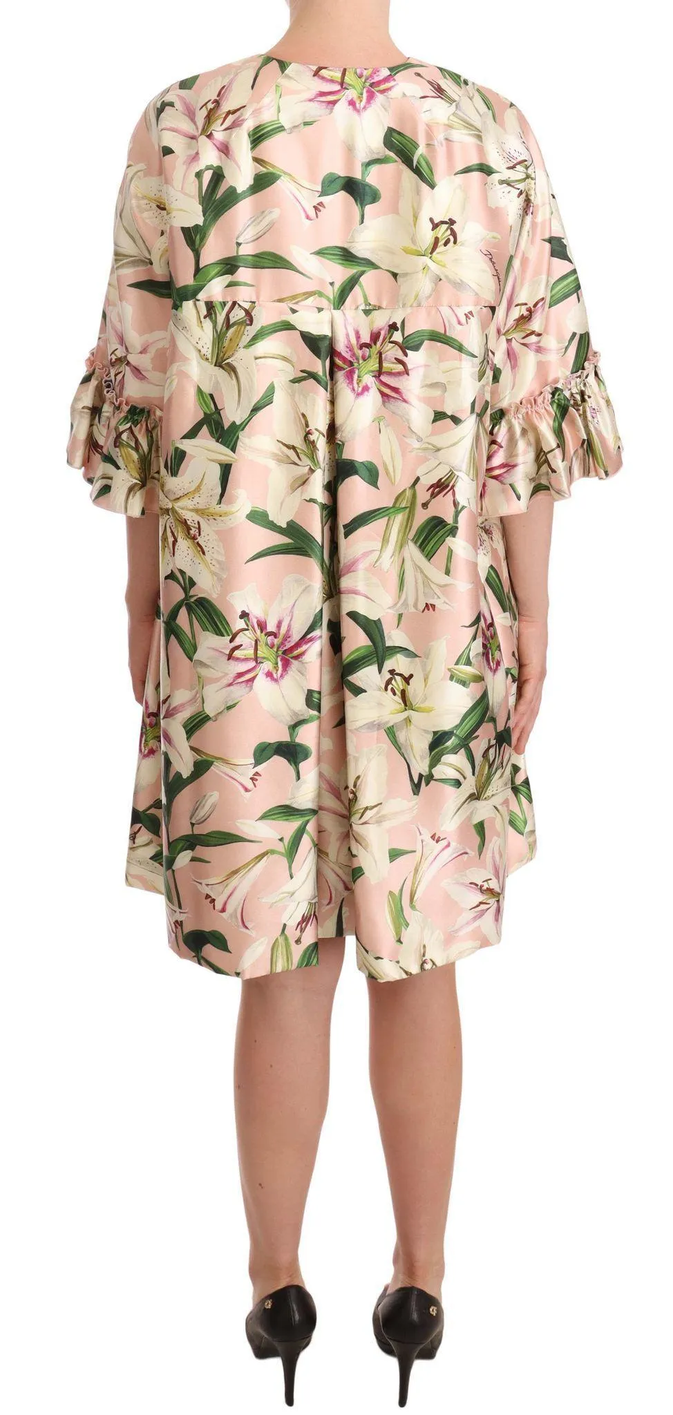 Dolce & Gabbana Pink Lily Print Ruffled Long Coat Silk Dress