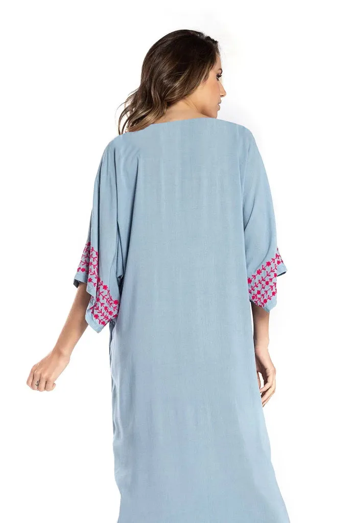 Embroidered V-Neck Beach Kaftan Short Sleeve Swimsuit Cover Up