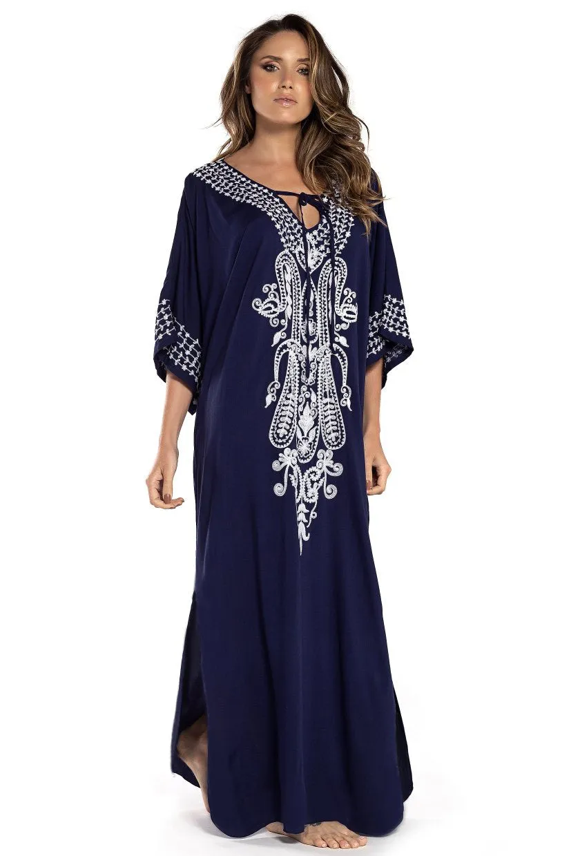 Embroidered V-Neck Beach Kaftan Short Sleeve Swimsuit Cover Up