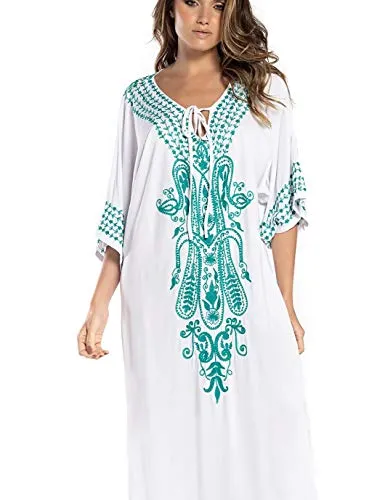 Embroidered V-Neck Beach Kaftan Short Sleeve Swimsuit Cover Up