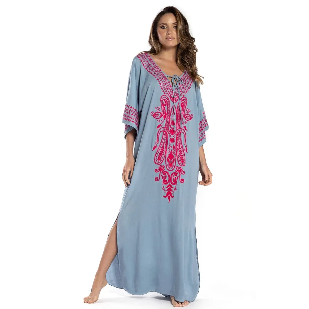 Embroidered V-Neck Beach Kaftan Short Sleeve Swimsuit Cover Up