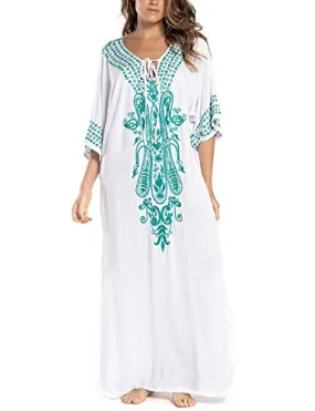 Embroidered V-Neck Beach Kaftan Short Sleeve Swimsuit Cover Up