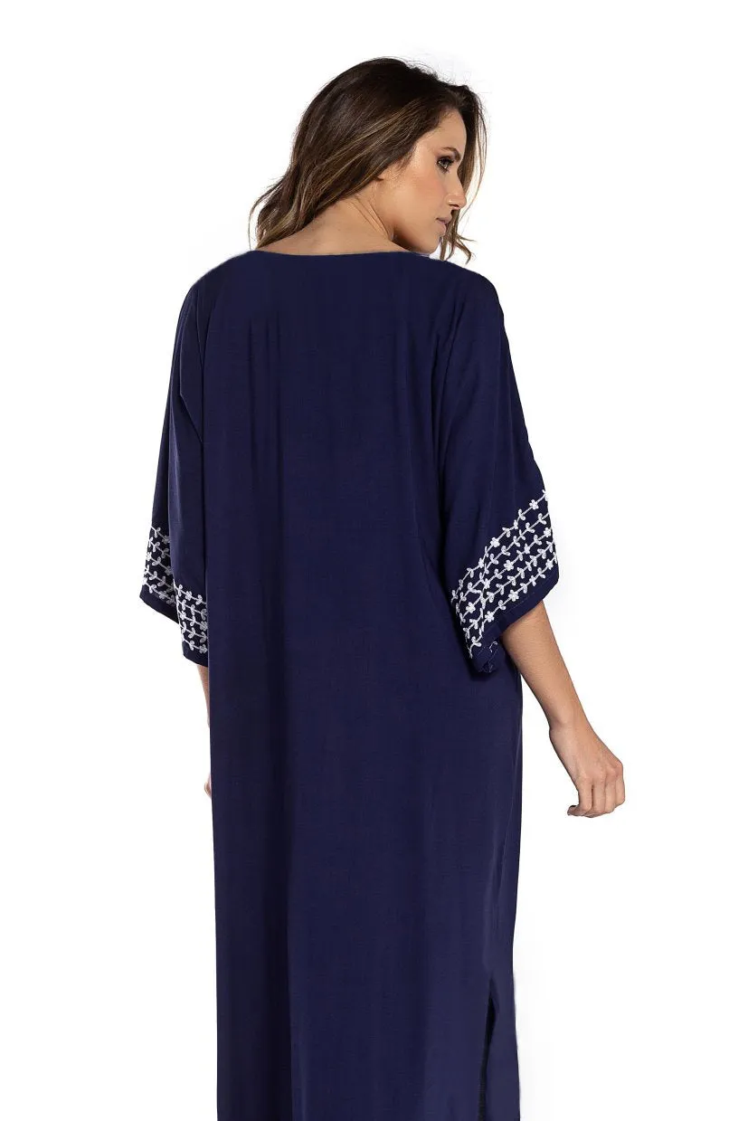 Embroidered V-Neck Beach Kaftan Short Sleeve Swimsuit Cover Up