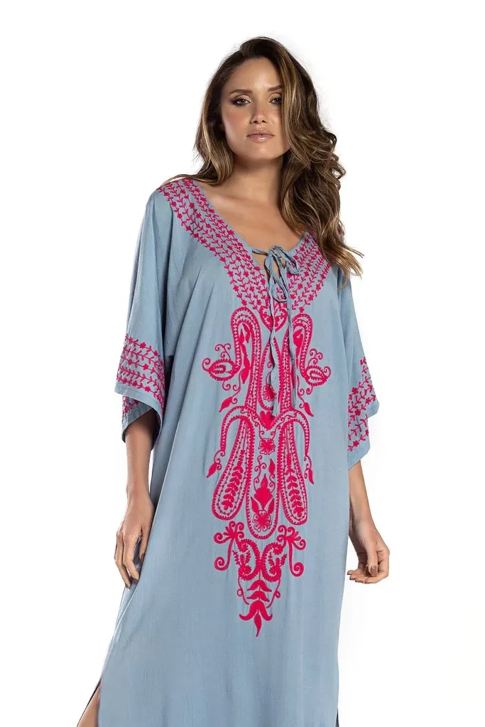 Embroidered V-Neck Beach Kaftan Short Sleeve Swimsuit Cover Up