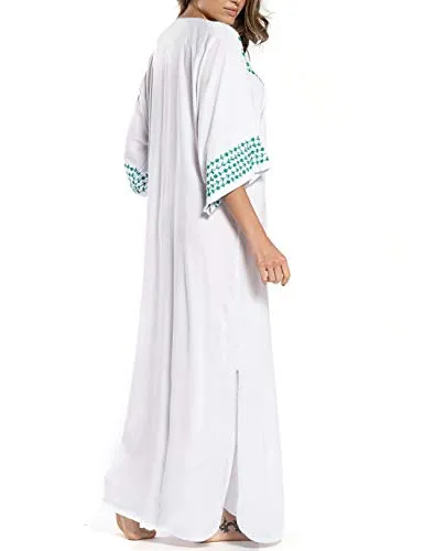 Embroidered V-Neck Beach Kaftan Short Sleeve Swimsuit Cover Up