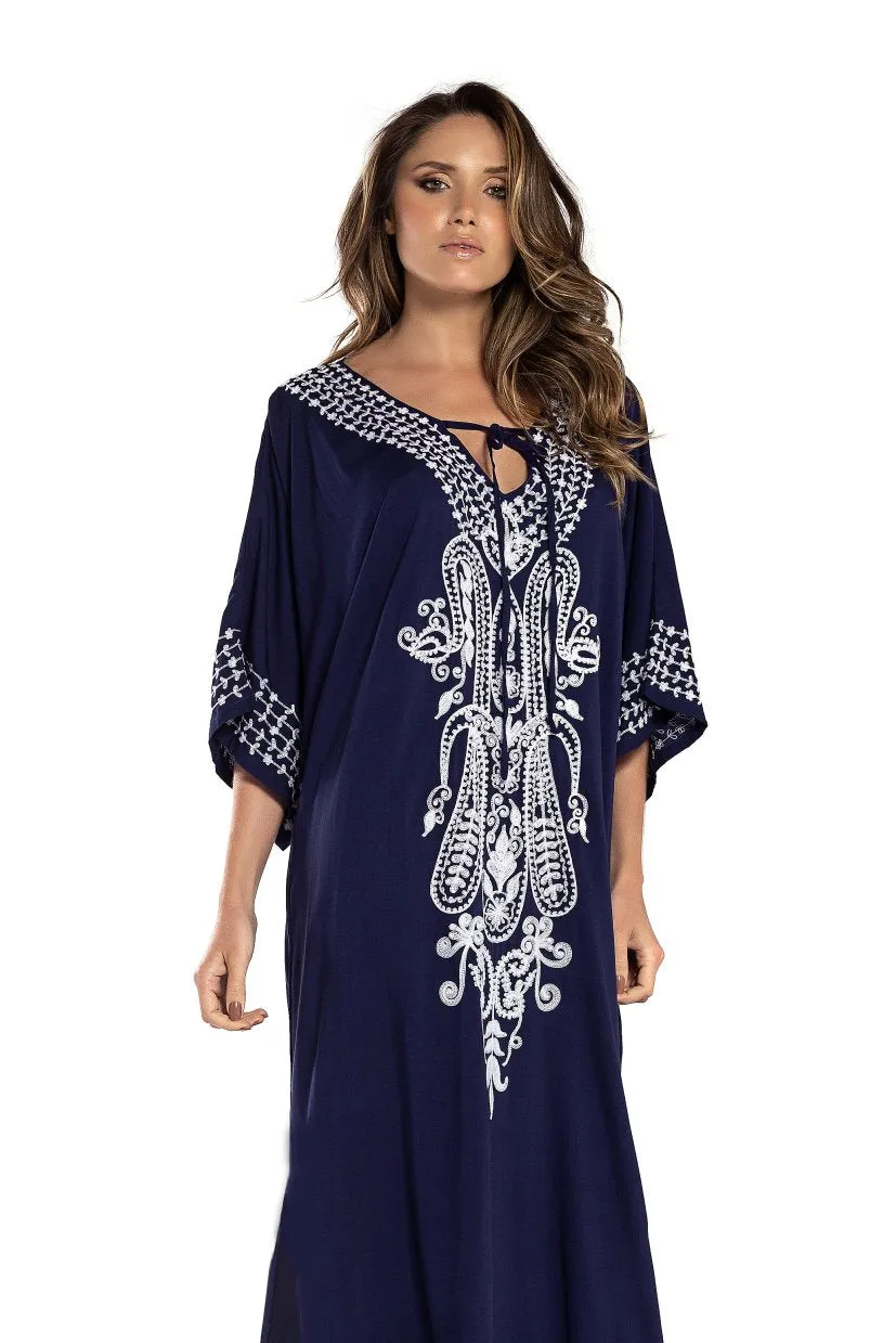 Embroidered V-Neck Beach Kaftan Short Sleeve Swimsuit Cover Up