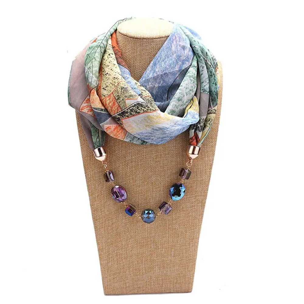 Flower Pattern Chiffon Scarf With Resin Beads Pendant