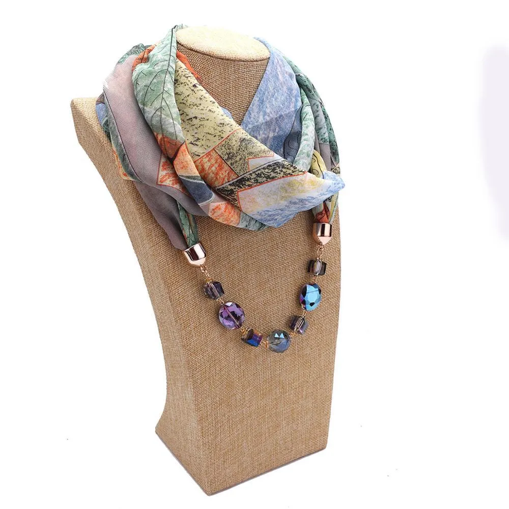 Flower Pattern Chiffon Scarf With Resin Beads Pendant