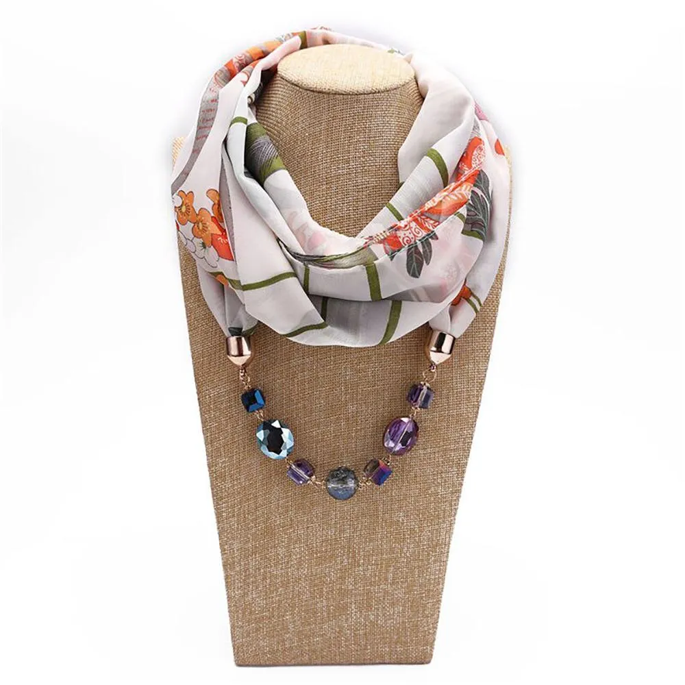 Flower Pattern Chiffon Scarf With Resin Beads Pendant