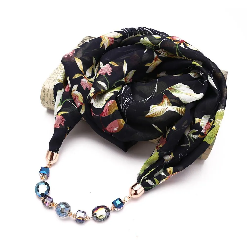 Flower Pattern Chiffon Scarf With Resin Beads Pendant