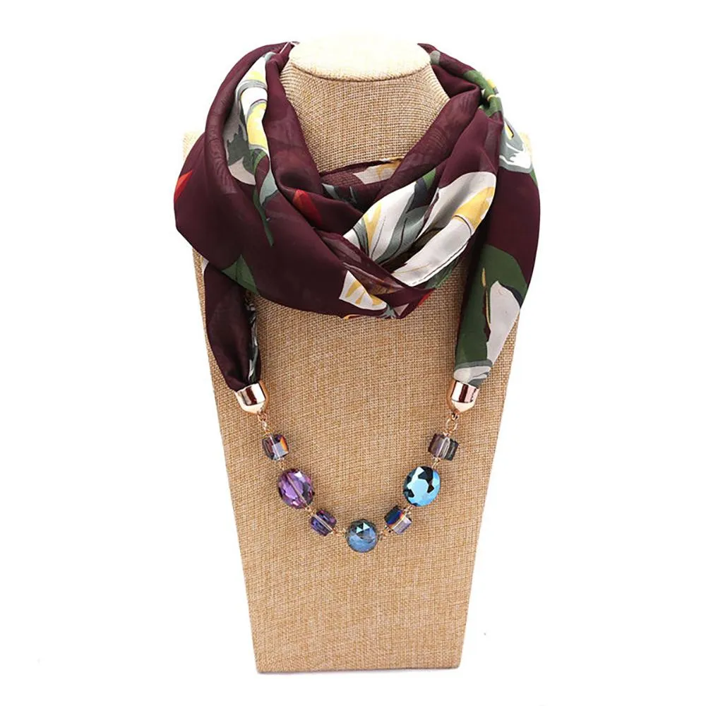 Flower Pattern Chiffon Scarf With Resin Beads Pendant