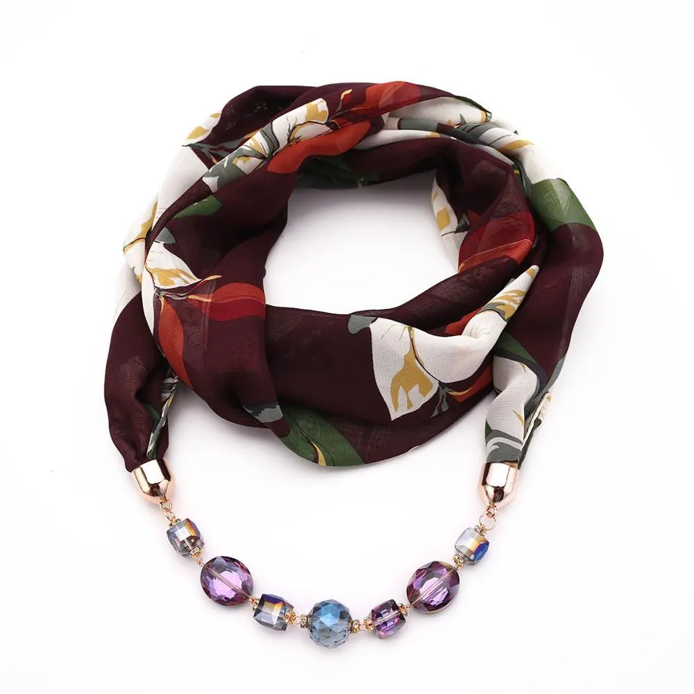 Flower Pattern Chiffon Scarf With Resin Beads Pendant