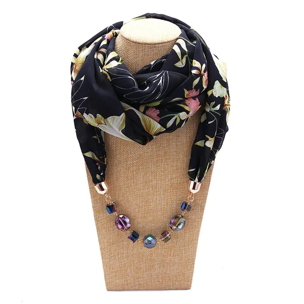 Flower Pattern Chiffon Scarf With Resin Beads Pendant