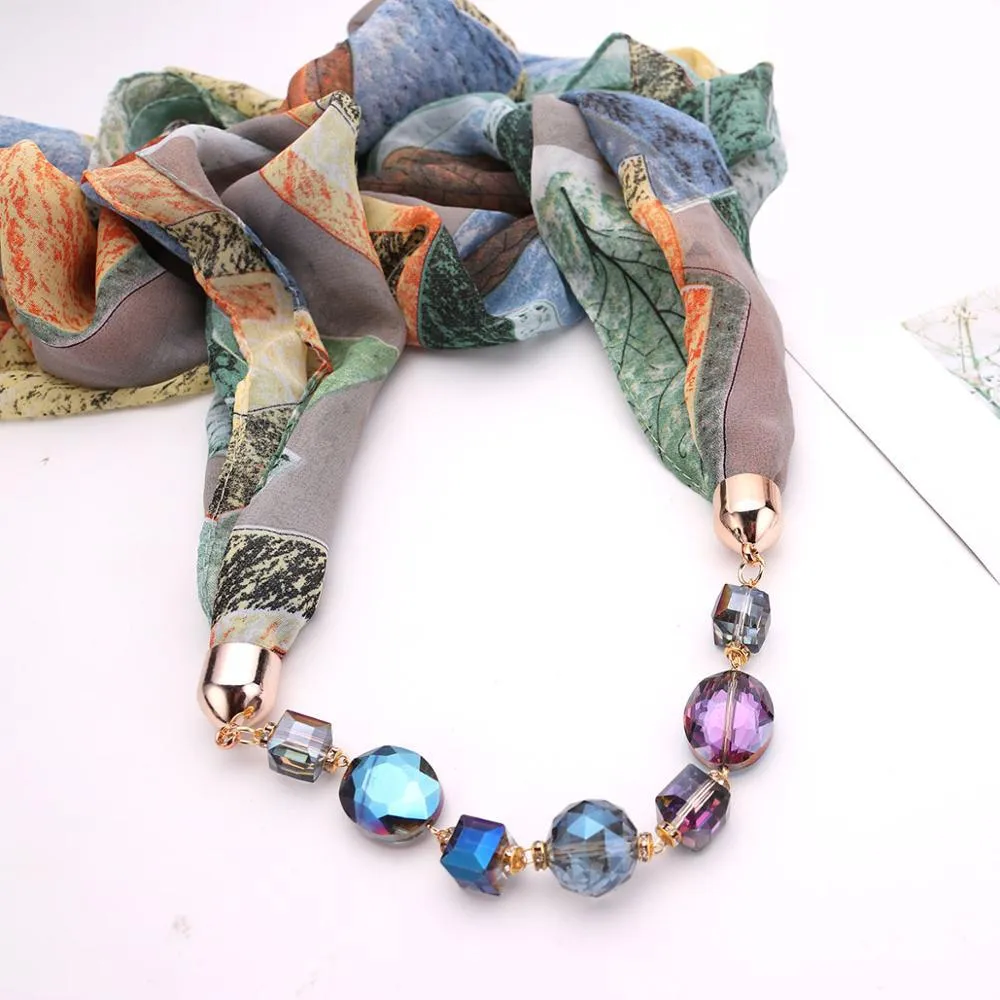 Flower Pattern Chiffon Scarf With Resin Beads Pendant