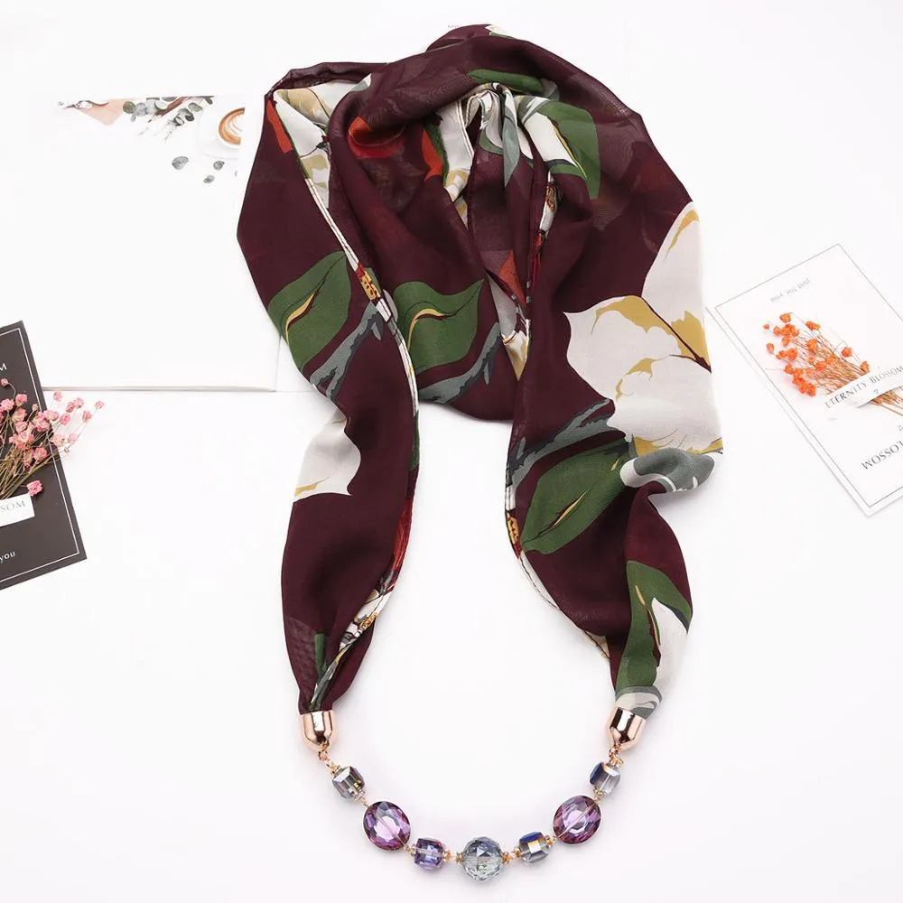 Flower Pattern Chiffon Scarf With Resin Beads Pendant