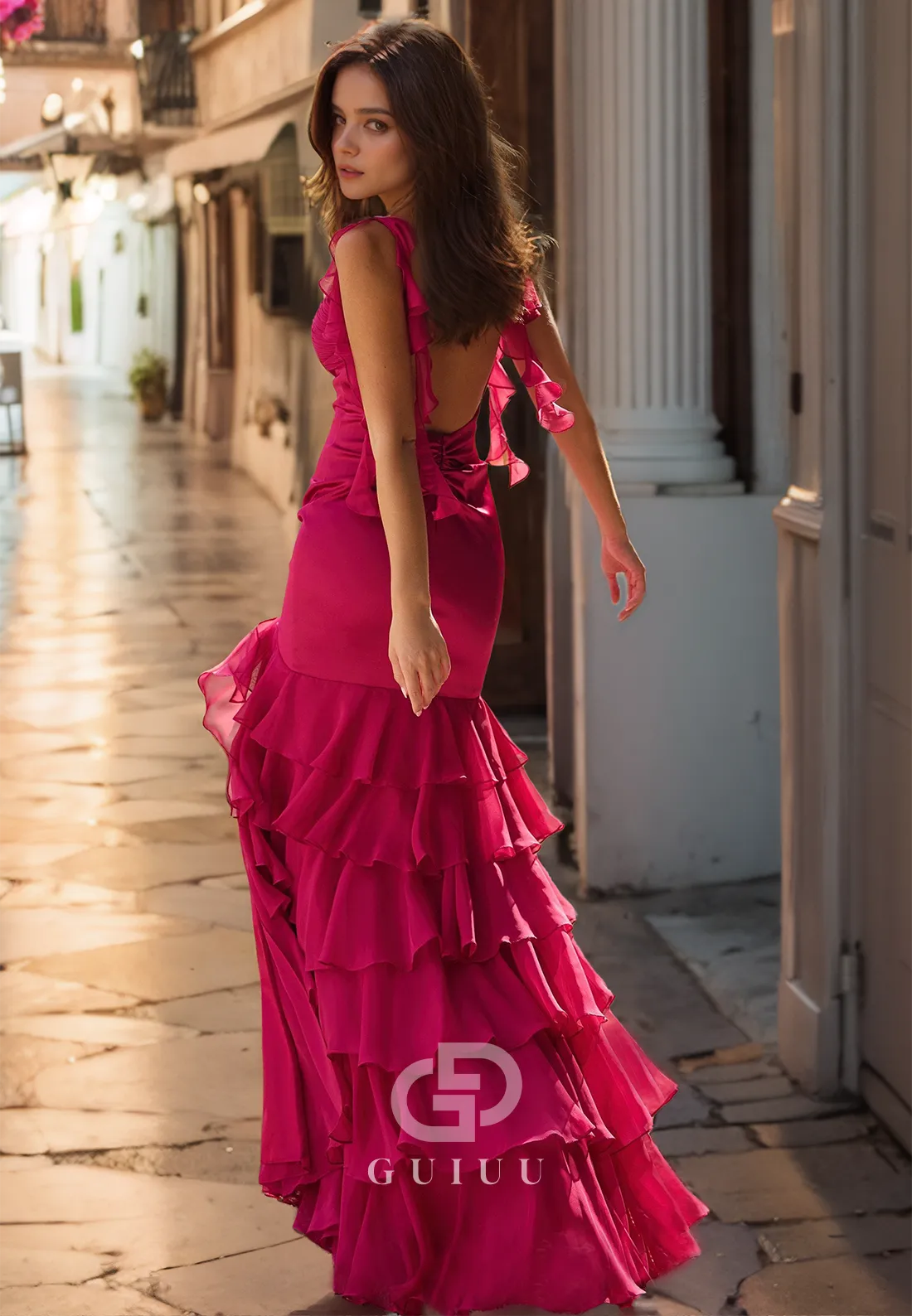 Fuchsia Spaghetti Straps Sweetherat Prom Dress with Slit Ruffles Backless Evening Party Dress