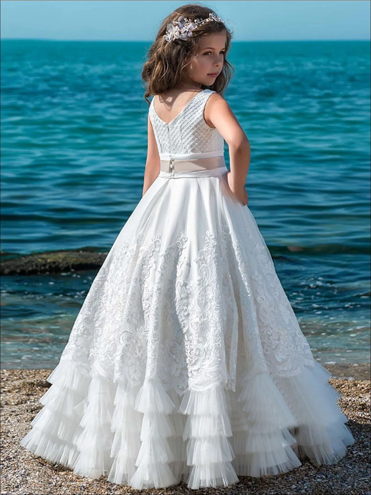 Girls Lace Ruffled White Communion Gown