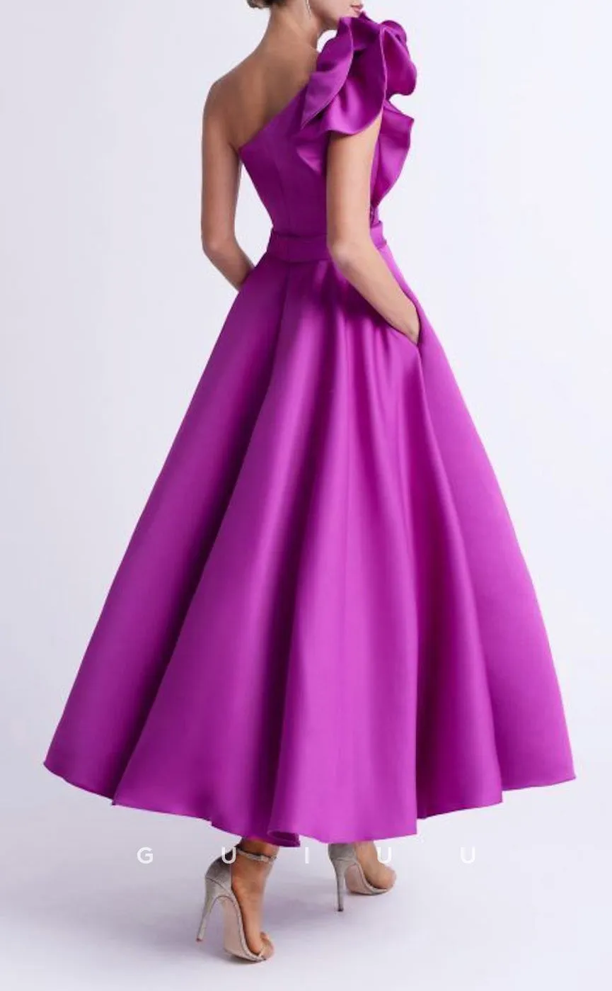 GM215 - A-Line One Shoulder Sleeveless Tea Length Cocktail Dress Wedding Guest Dress with Ruffles