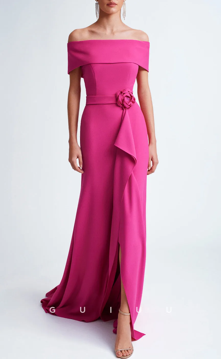 GM267 - Sheath Off Shoulder Sleeveless Ruffles Long Cocktail Dress with Train and Slit