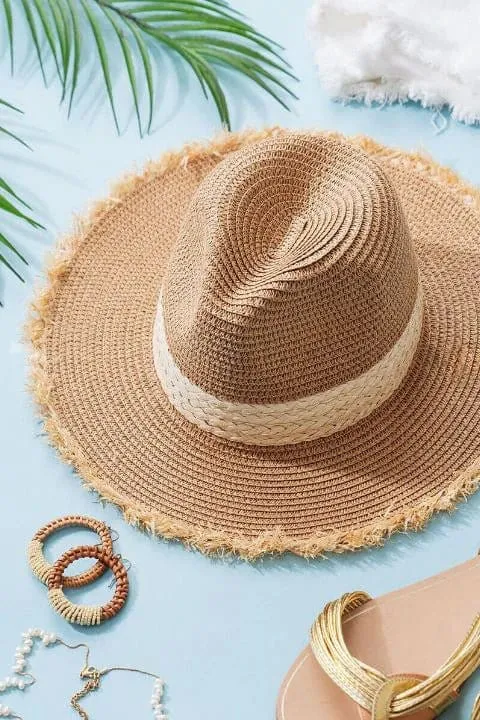 H3085 Frayed Edge Straw Panama Sun Hat