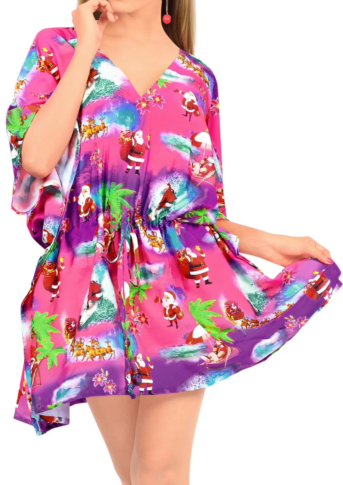 La Leela Christmas Pink Cover up Dress with Santa Claus and Xmas Tree Print 3X-4X