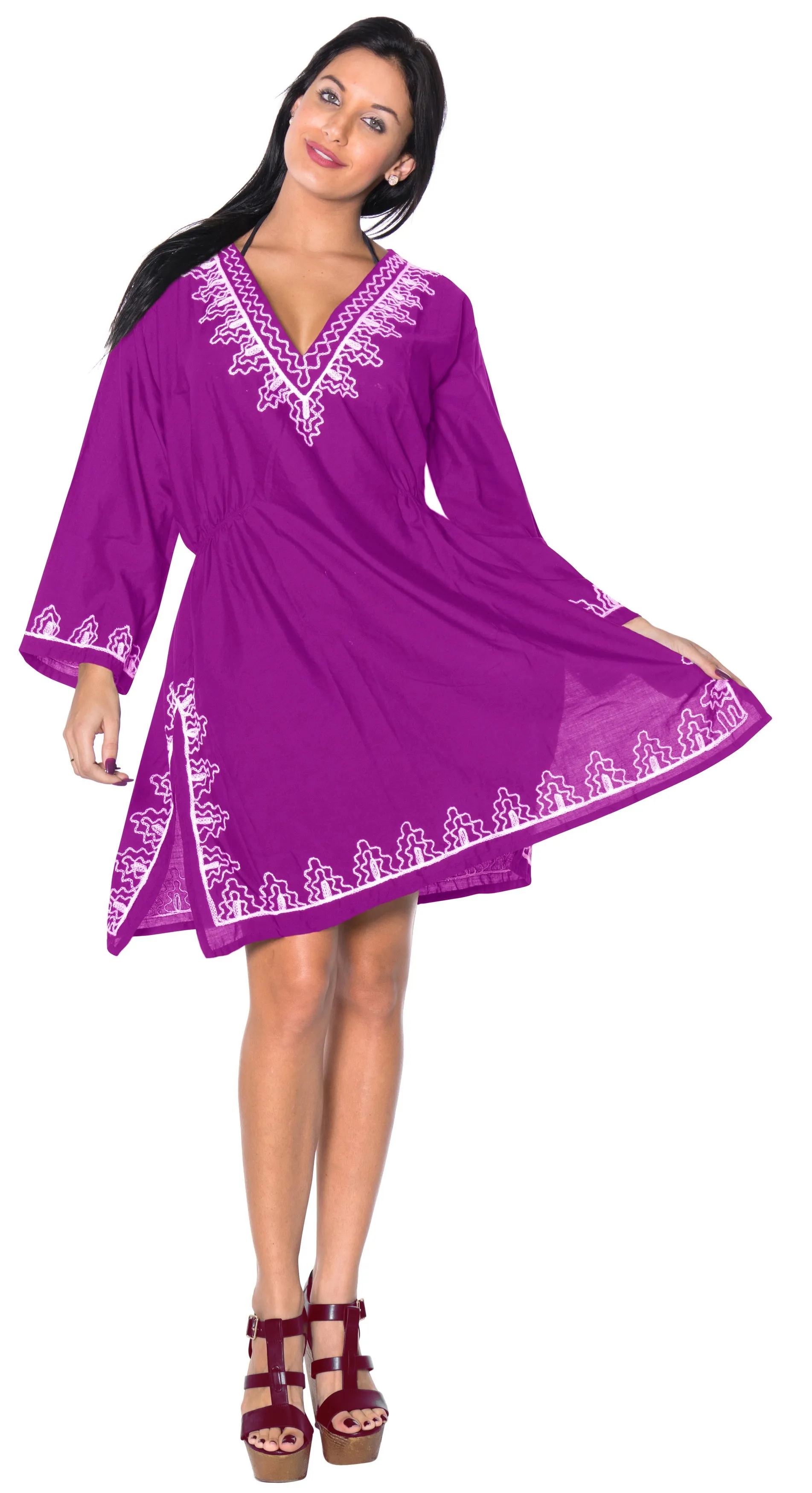 La Leela Embroidered RAYON SWIMSUIT Beach Cover up Tunic Bikini Dress Violet