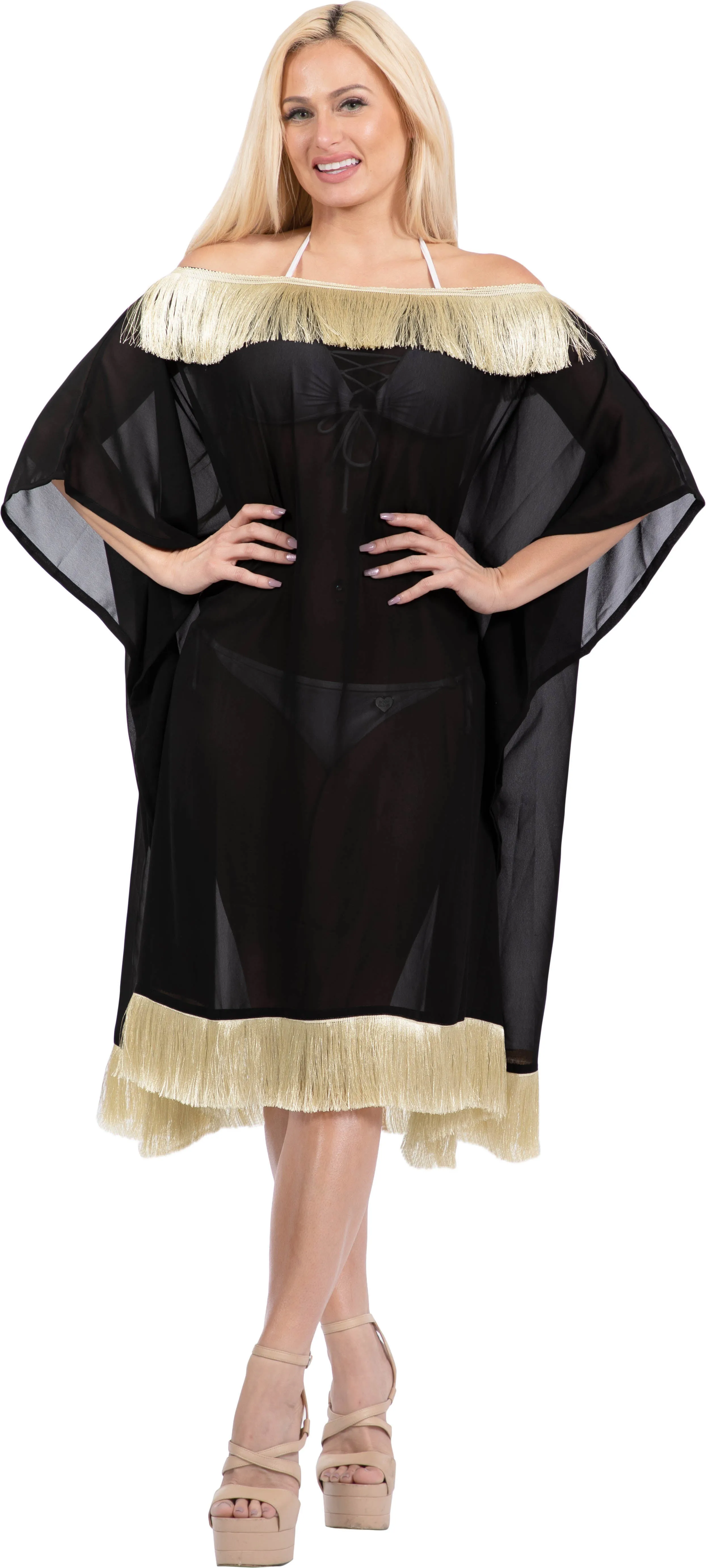 LA LEELA Plain kimono cover ups for swimwear women Black_Y411 OSFM 8-18 [M- XL]