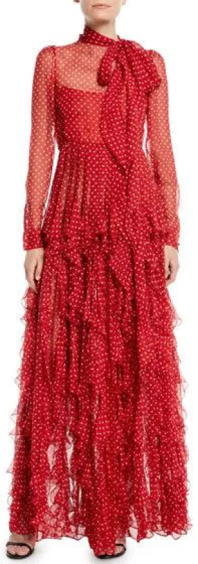 Long-Sleeve Tie-Neck Polka-Dot Ruffled Chiffon Evening Gown