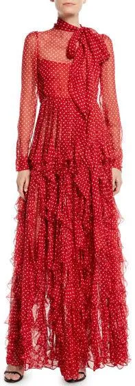 Long-Sleeve Tie-Neck Polka-Dot Ruffled Chiffon Evening Gown