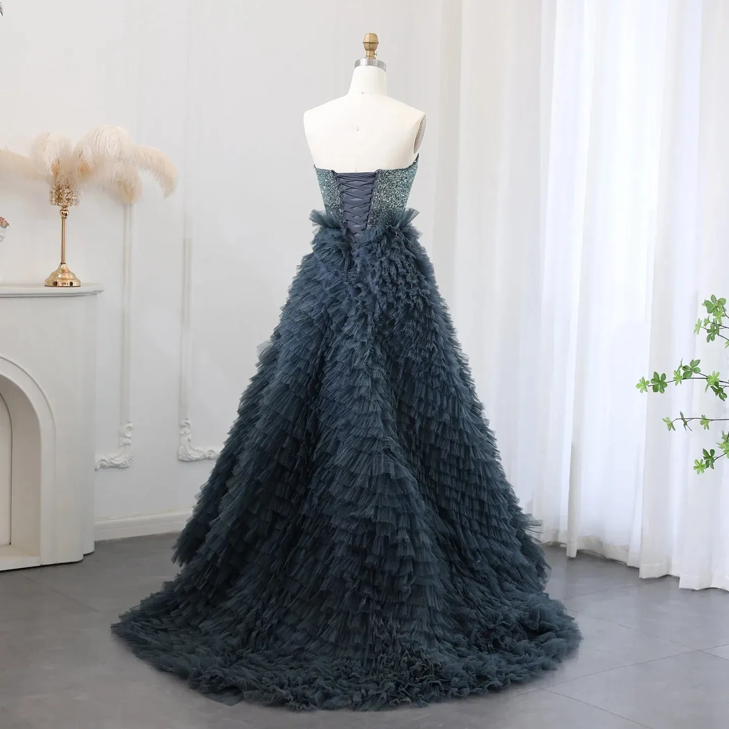 Luxury Beaded Blue Ball Gown Strapless Evening Dress SS503