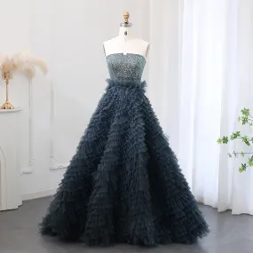 Luxury Beaded Blue Ball Gown Strapless Evening Dress SS503