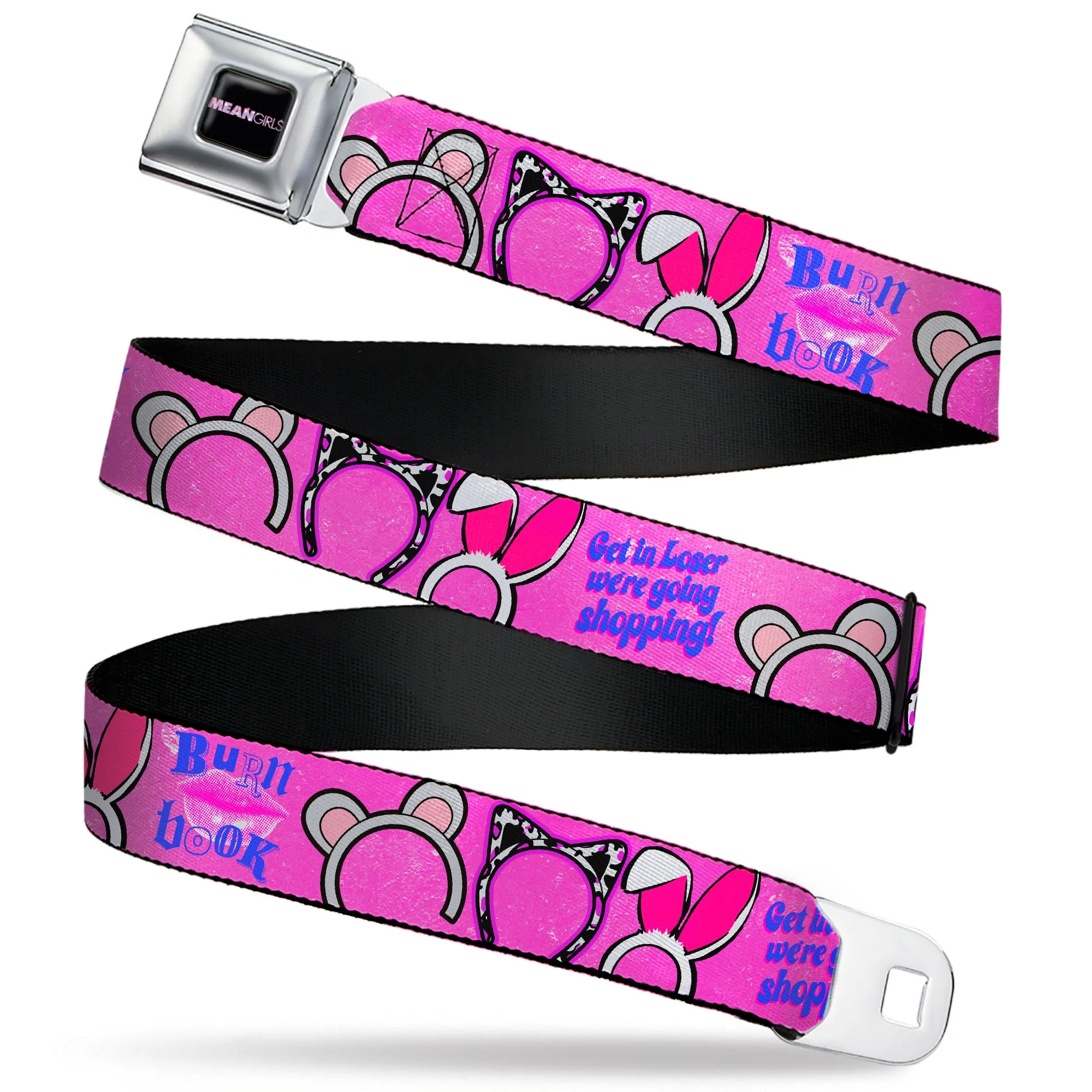 MEAN GIRLS Title Logo Full Color Black/White Seatbelt Belt - MEAN GIRLS Quotes and Plastics Animal Ears Collage Pink Webbing