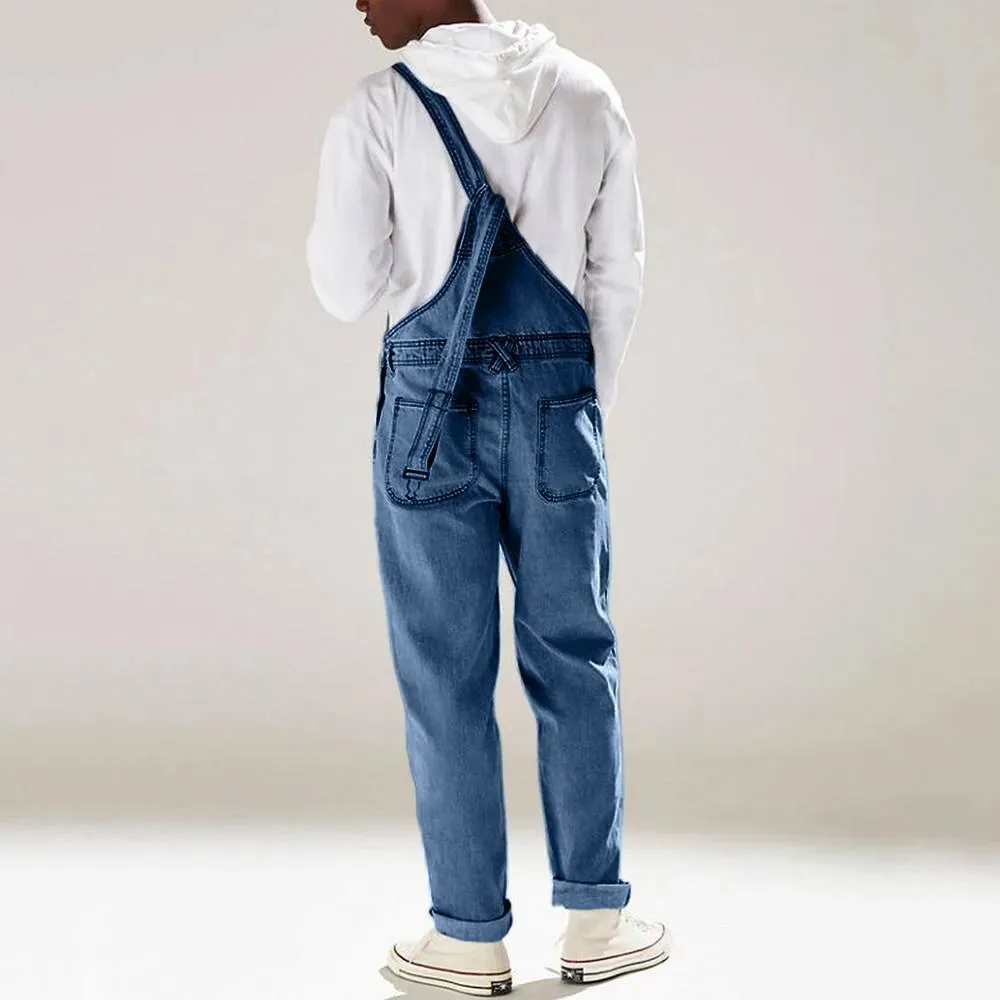 Men's Solid Color Multi-Pocket Denim Overalls