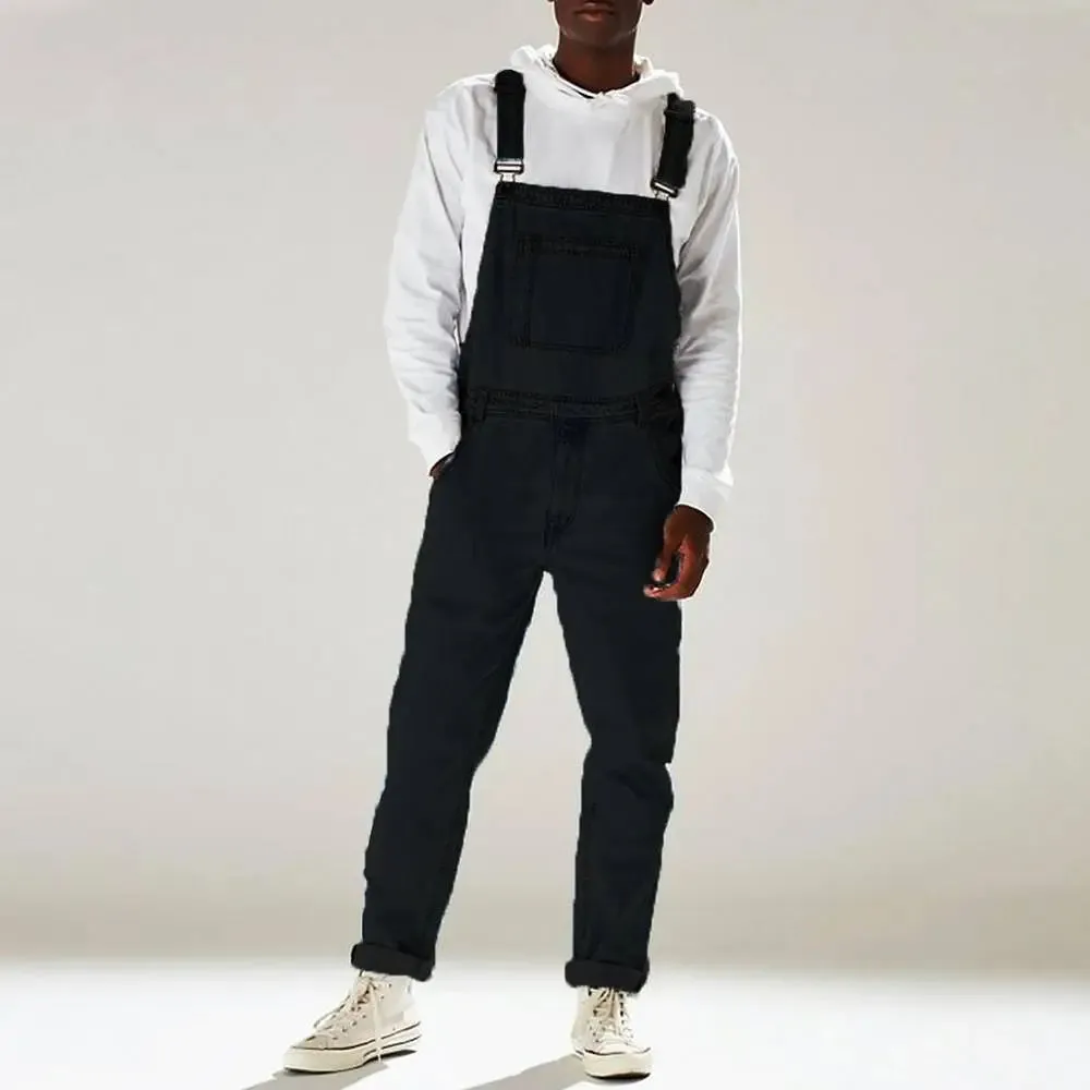 Men's Solid Color Multi-Pocket Denim Overalls