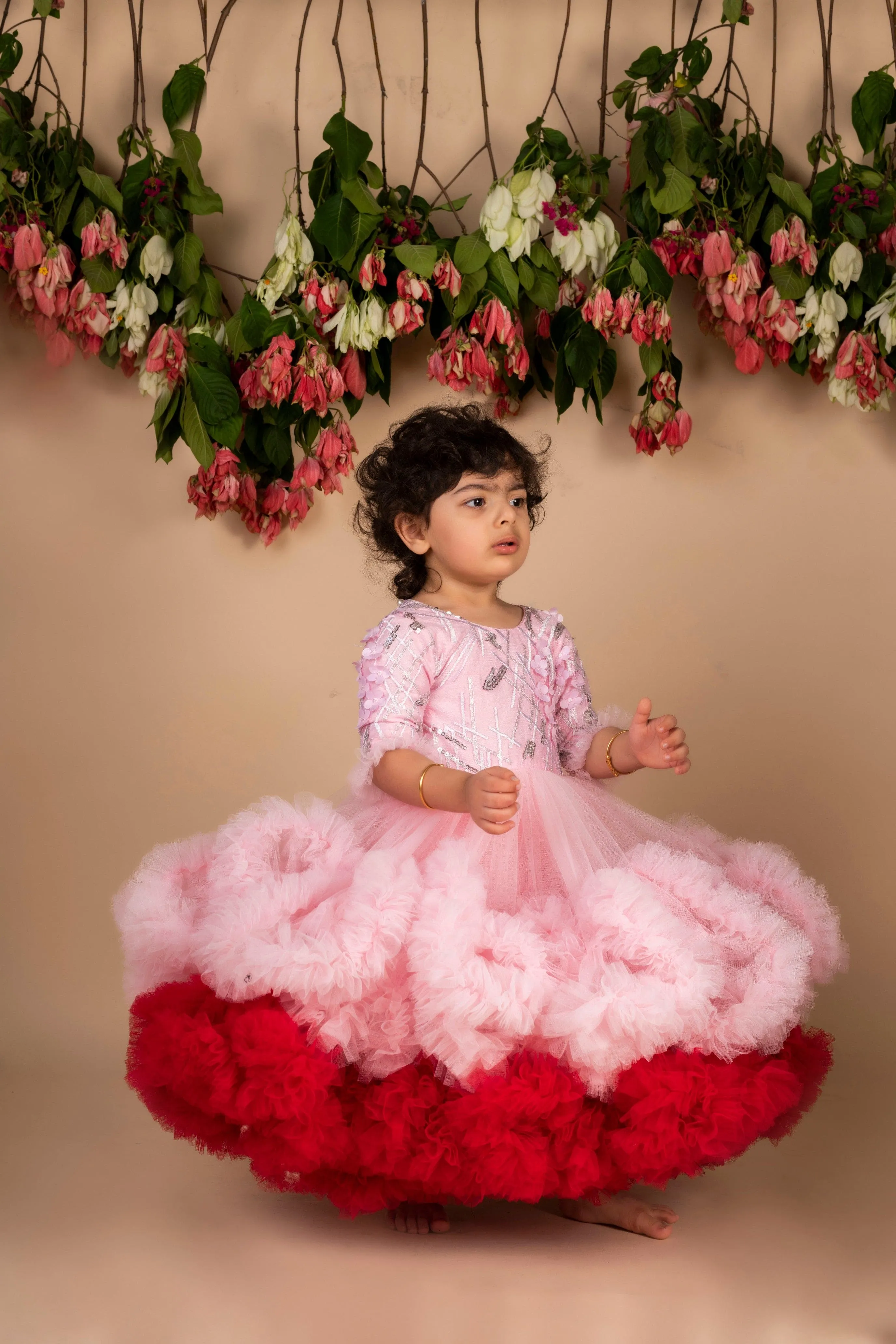 Pre-Order:  Pink Wine 3D Flower Ruffled Gown