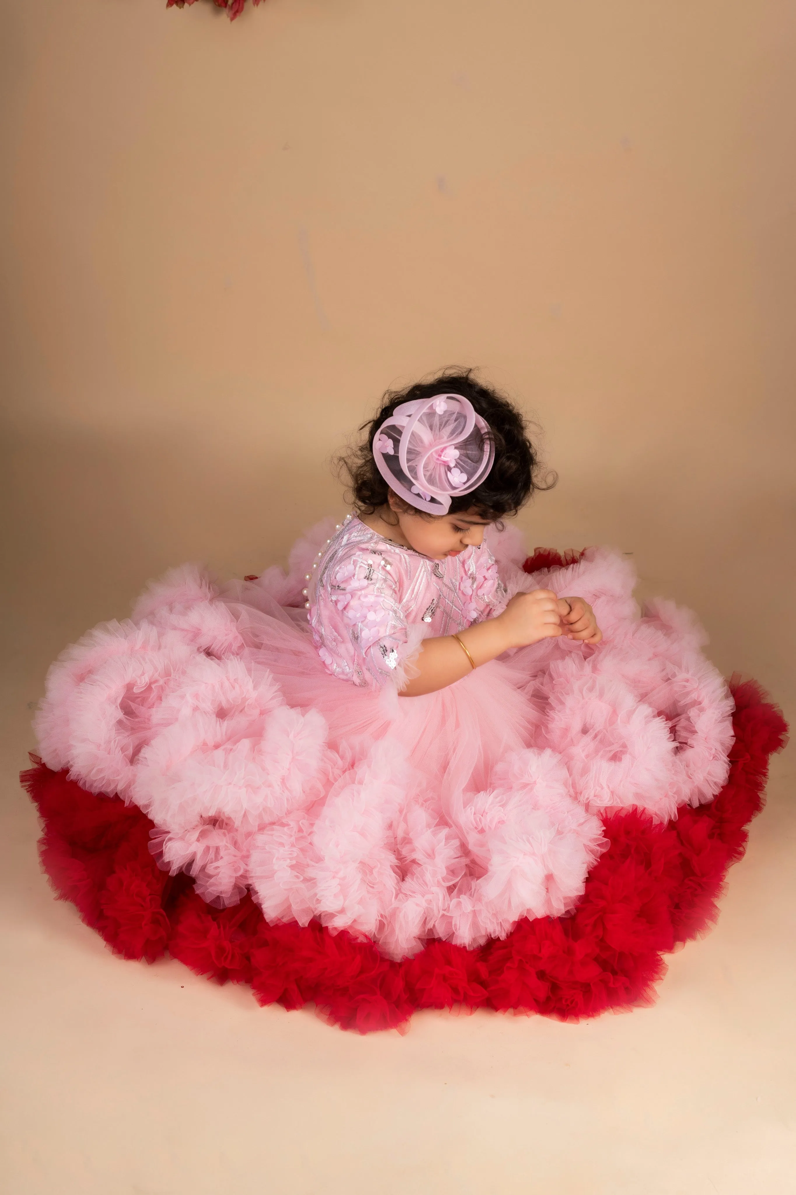 Pre-Order:  Pink Wine 3D Flower Ruffled Gown