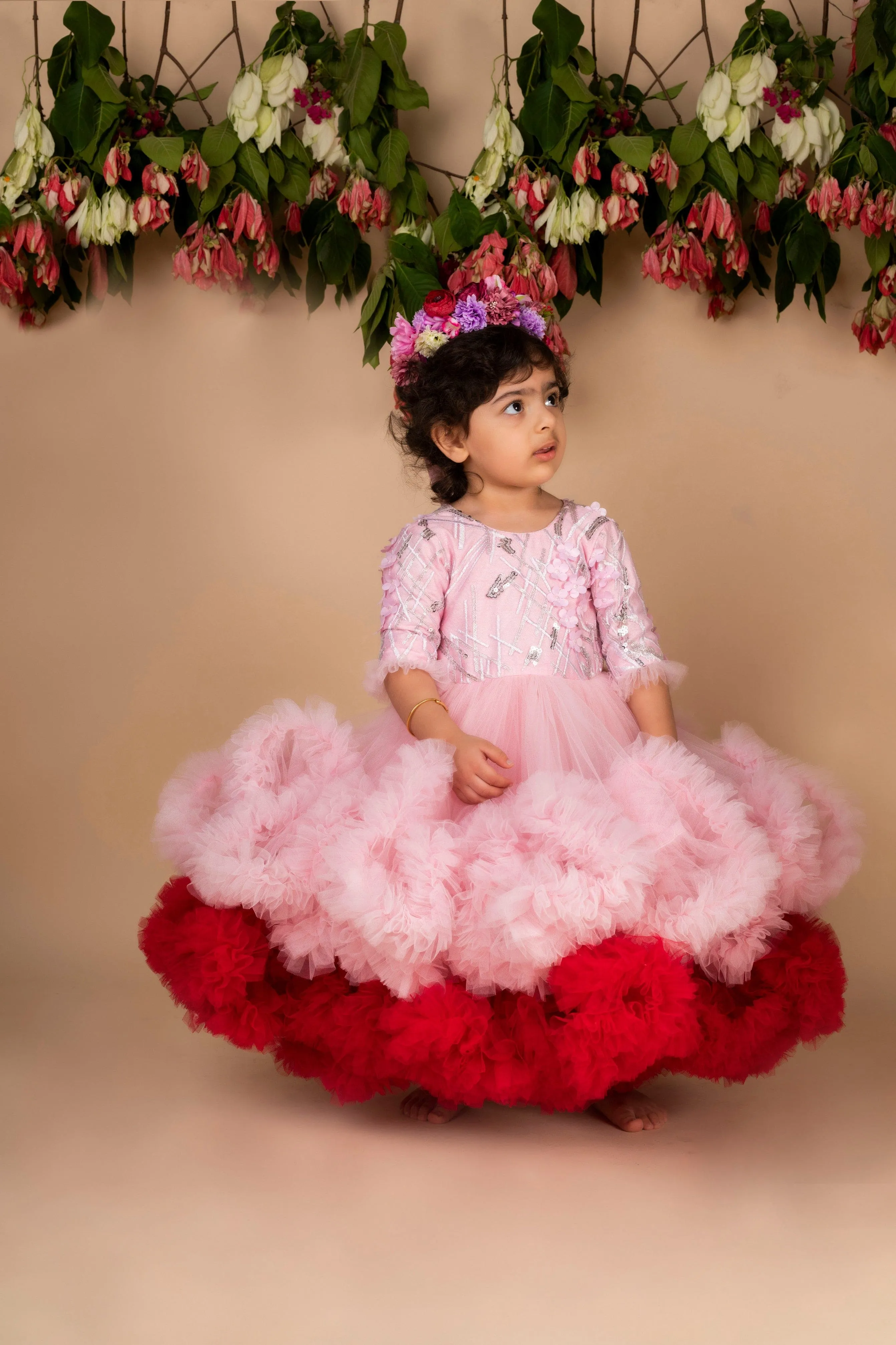 Pre-Order:  Pink Wine 3D Flower Ruffled Gown