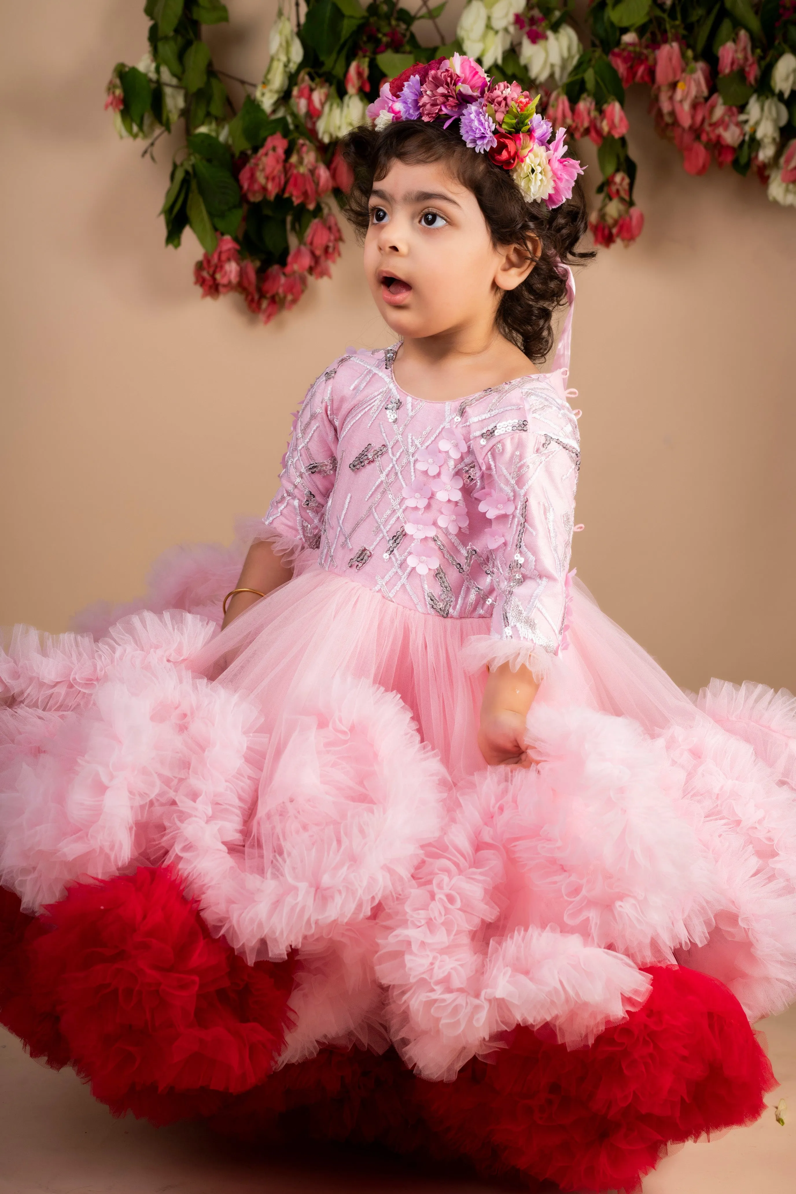 Pre-Order:  Pink Wine 3D Flower Ruffled Gown